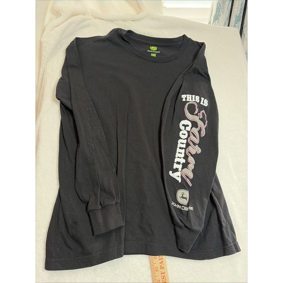 John Deere L/S T Shirt Size M Black pink white Logo Farm Country On Sleeve